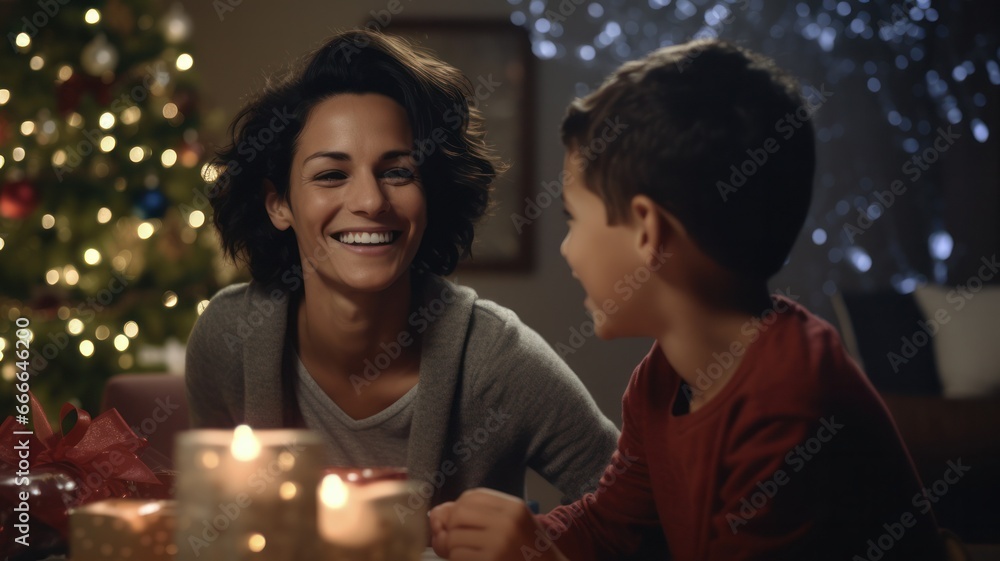 Joyful Mother and Son Embrace in Festively Decorated Latin Christmas Celebration at Home
