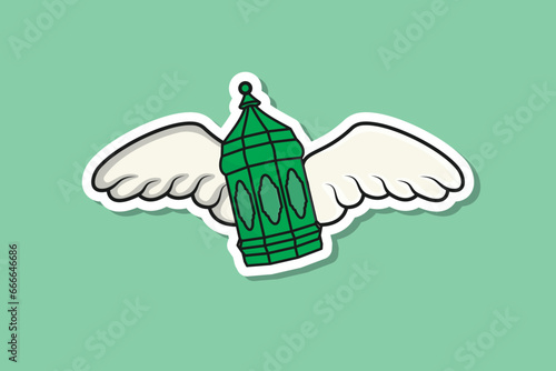 Lantern Lamp with Bird Wings Sticker vector illustration. Lamp flying with wings sticker vector design with shadow. Lantern Lamp logo design. photo