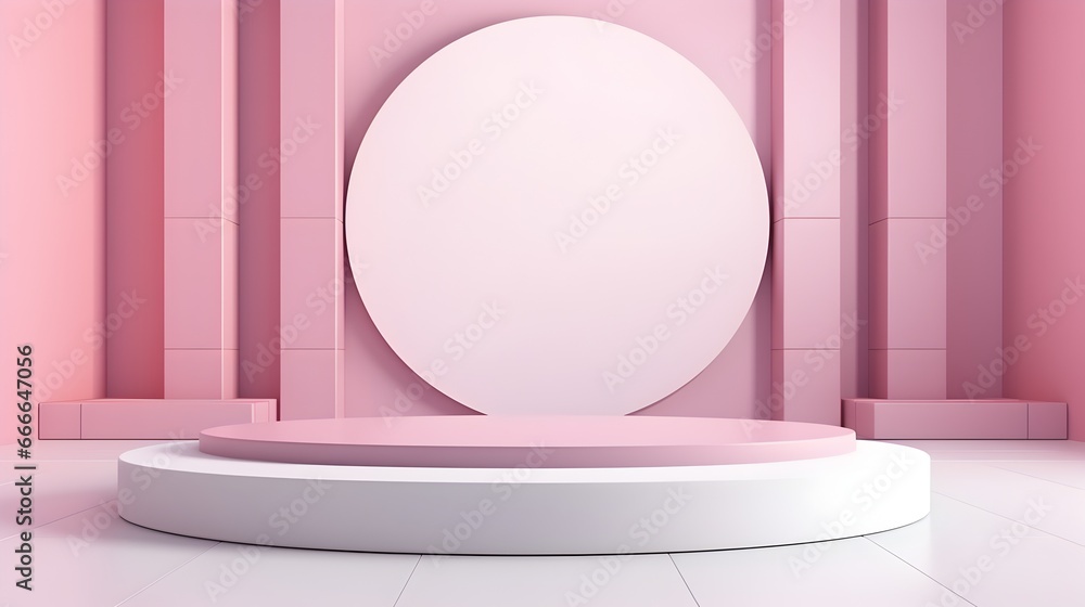 Minimalist pink interior with cylindrical platforms and vertical panels, for product demonstration Minimalist pink interior with cylindrical platforms and vertical panels, for product demonstration