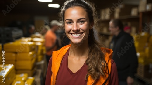 Radiant and confident, a woman adorned in vibrant yellow stands indoors, her beaming smile captivating the camera as she exudes pure joy and fashion-forward flair photo