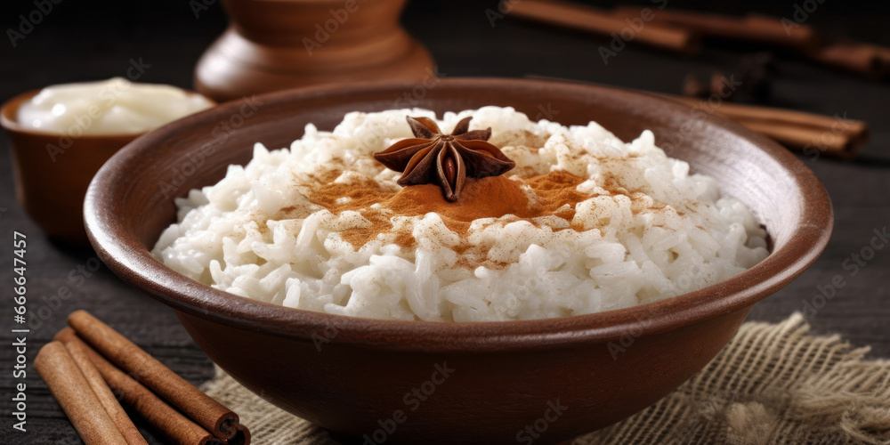 Bowl of rice pudding and cinnamon. Generative AI. Bowl of rice pudding and cinnamon. Generative AI.