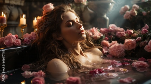 A captivating woman luxuriates in a floral-filled bath, surrounded by the warm glow of candles and the delicate beauty of roses, exuding a sense of sensual indulgence and fashionable grace photo