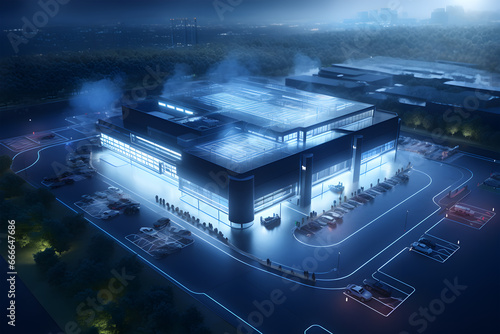 aerial perspective of futuristic smart factory set against an expansive outdoor landscape