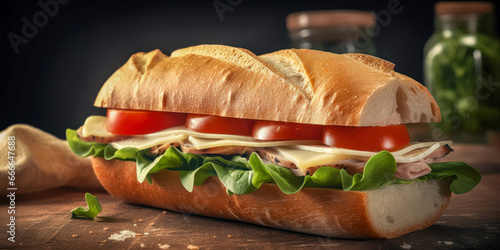 Sandwich filled with serrano ham and tomato. Generative AI.