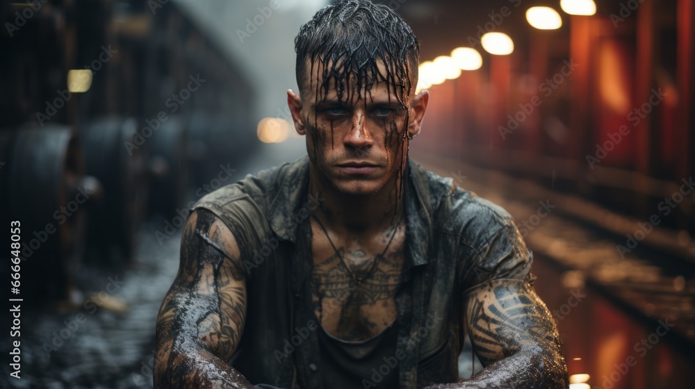 Fototapeta premium A mesmerizing screenshot captures a man with tousled wet hair and an intricate display of tattoos, exuding a raw and rebellious energy that leaves a lasting impression