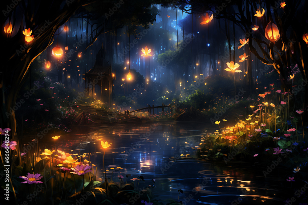 fantasy illustration of a magical garden with a lake and fireflies