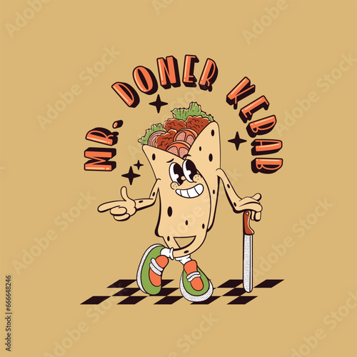 cartoon kebab character illustration in retro style