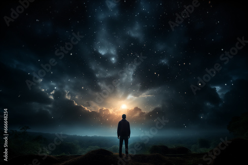 silhouette of a man standing on a hill against the background of the night starry sky.