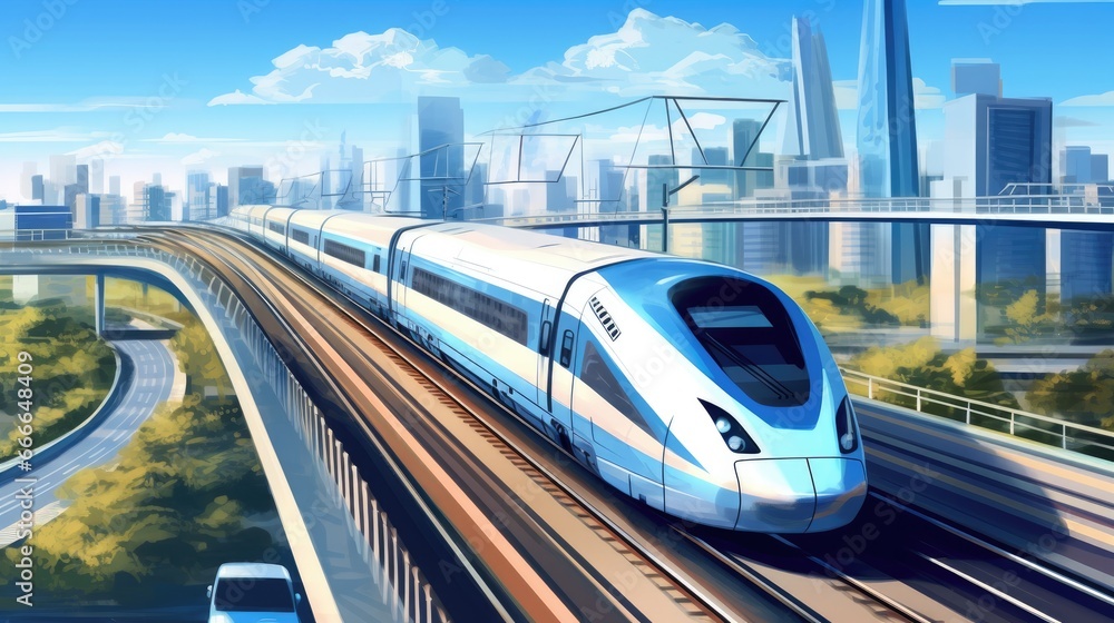 Fototapeta premium Modern bullet train runs on its track against the background of blurry urban cityscape