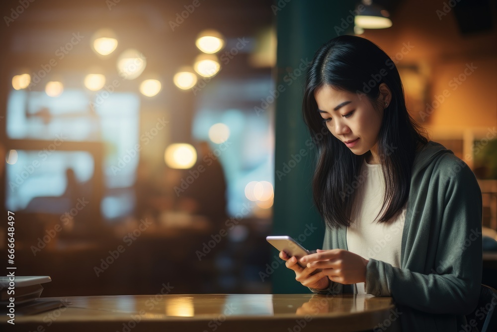 Asian woman using smartphone in a cafe
