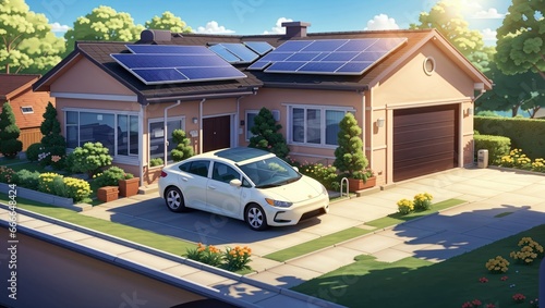 "Solar-Powered Harmony: A Detailed 2D Illustration of a Car Parked Under Rooftop Solar Panels"
