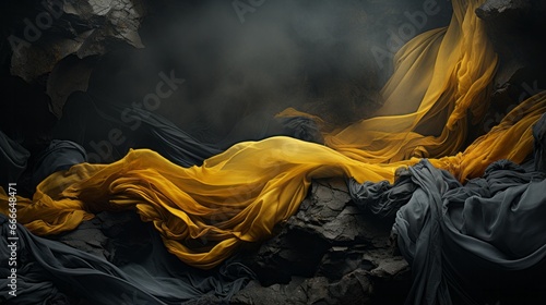 A vibrant painting captures the rugged beauty of a rocky landscape, where a striking yellow and black cloth dances amidst the chaos, evoking a sense of artistic expression and untamed spirit photo