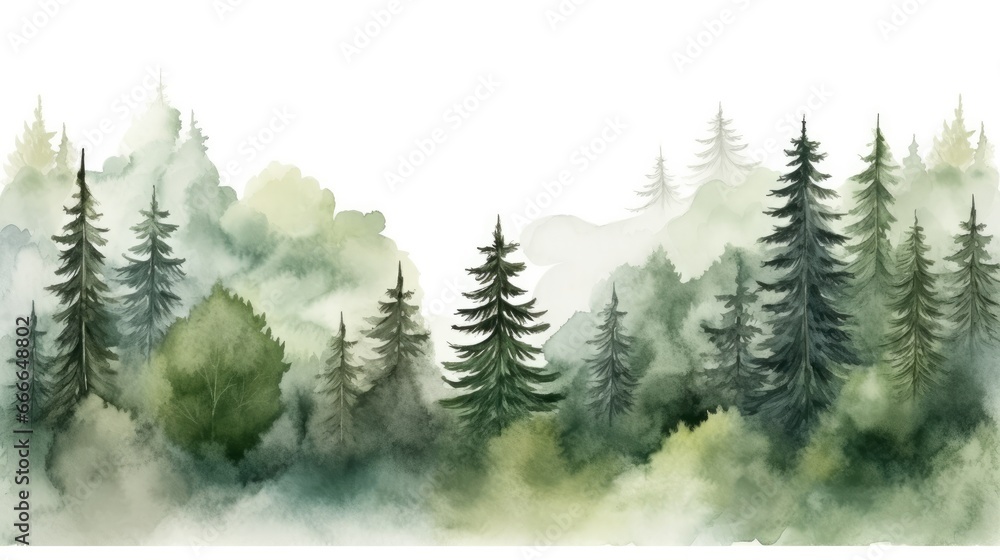 Obraz premium Watercolor foggy coniferous forest