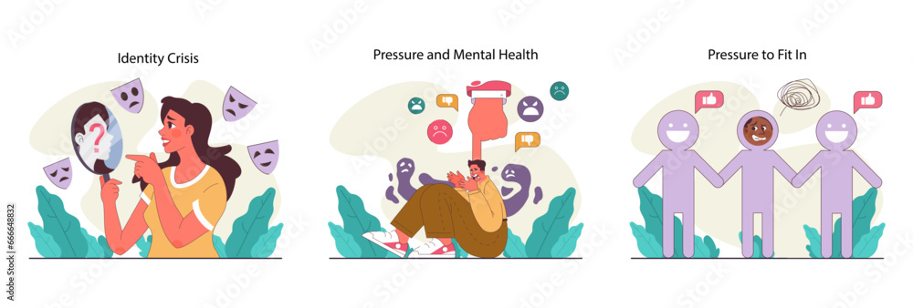 Peer pressure concept set. People of various age groups and statuses Peer pressure concept set. People of various age groups and statuses