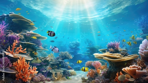 Underwater paradise with various fish species among colorful corals, Tropical marine life and ecosystems.