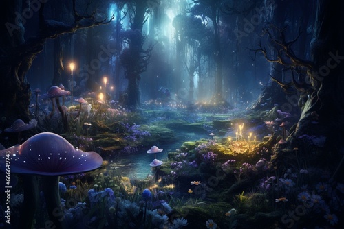 Enchanting glowing flowers and plants in a magical forest at night. Generative AI