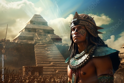 Ancient Aztec strong man old pyramid. Indian ruin. Generate AI photo