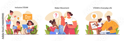 STEAM education set. Schoolers gaining knowledge about technologies,