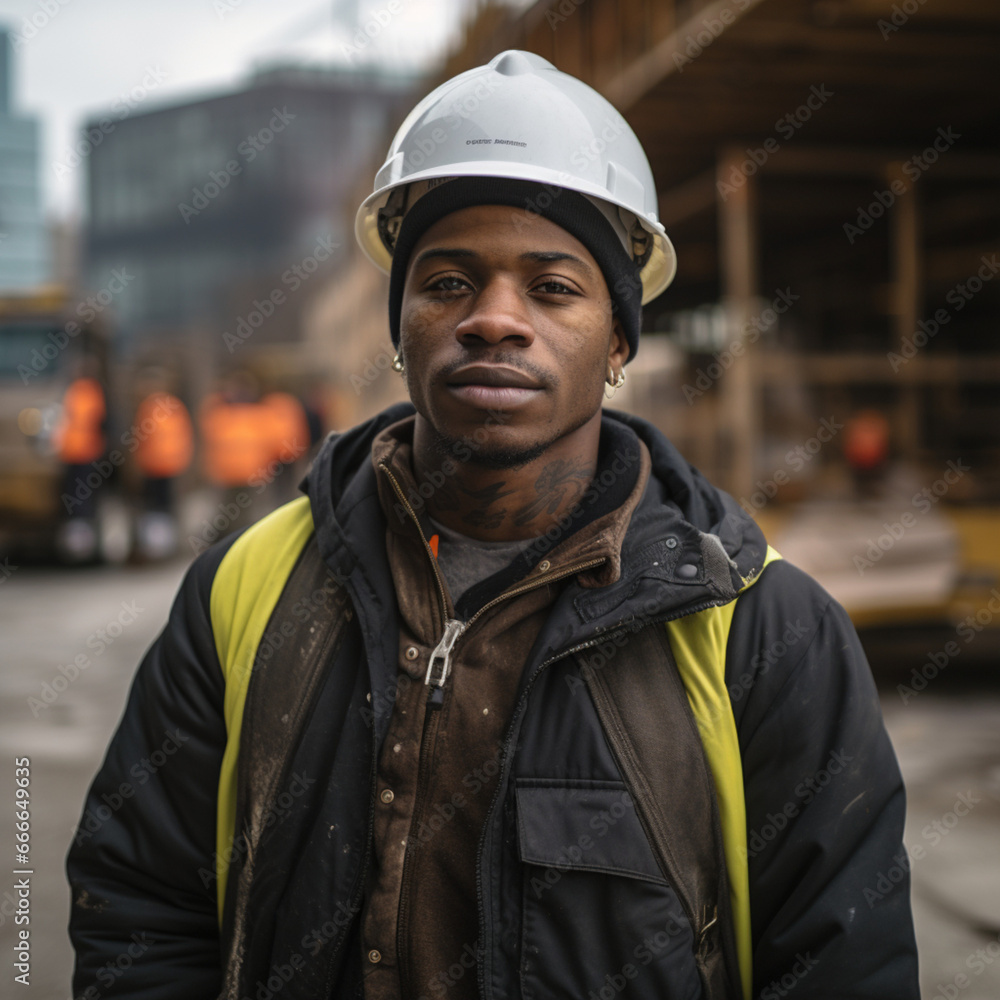 Black construction worker on a construction site. Black construction worker on a construction site.