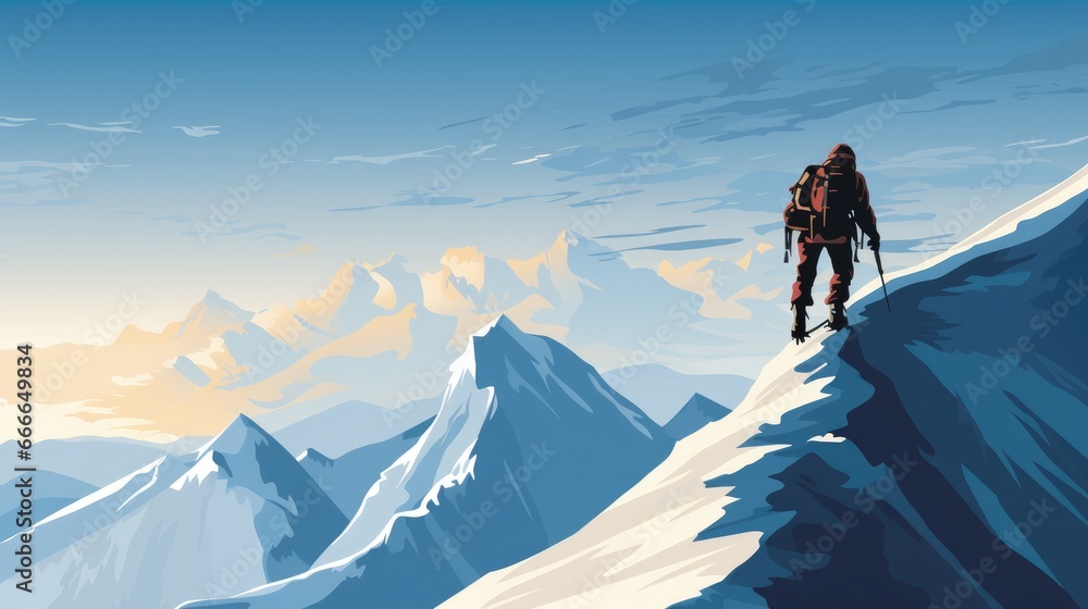 Mountain climber on a steep narrow snow ridge
