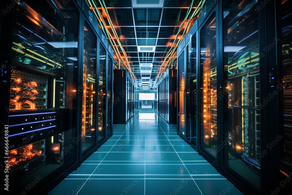 Inside datacenter in the future. Dark server room