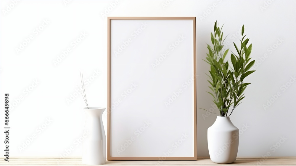 Fresh Minimalism: White Background with Green Plants and Blank Picture Frame Design Template Fresh Minimalism: White Background with Green Plants and Blank Picture Frame Design Template