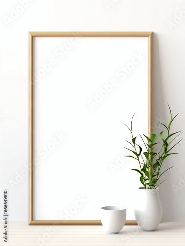 Fresh Minimalism: White Background with Green Plants and Blank Picture Frame Design Template