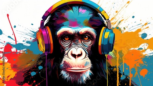 Portrait of monkey listening to music on headphones