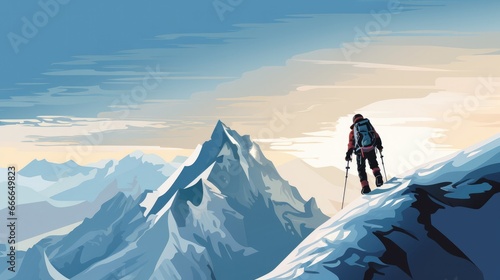 Mountain climber on a steep narrow snow ridge © ArtBox
