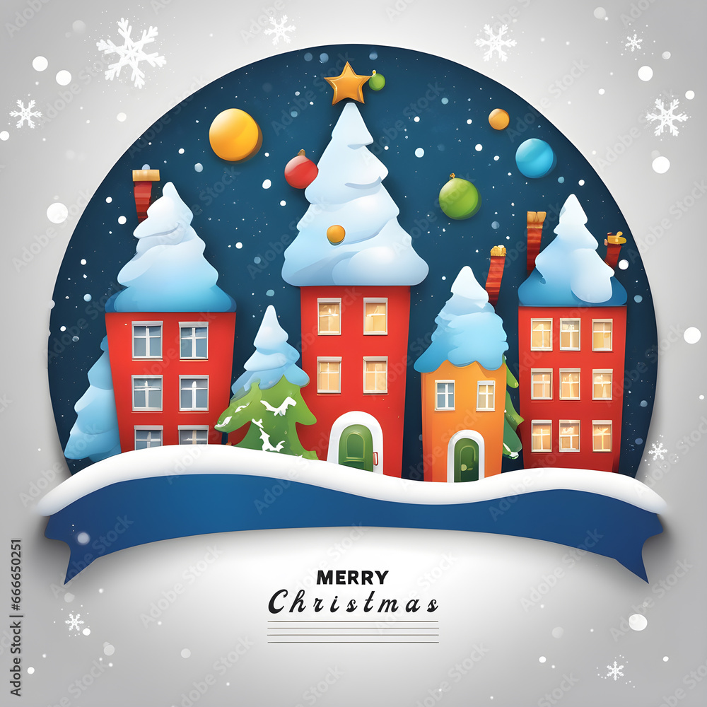 Tarjeta de Navidad para felicitaciones. Edificios de colores cubiertos de nieve. Ilustración vectorial navideña. Imagen divertida con estrellas. Creada con herramientas generativas de IA.
