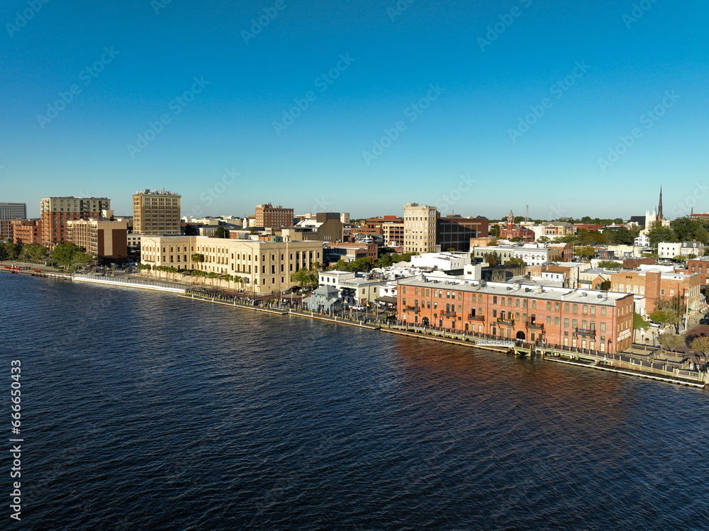 Aerial view of Downtown Wilmington North Carolina and the Cape Fear River.