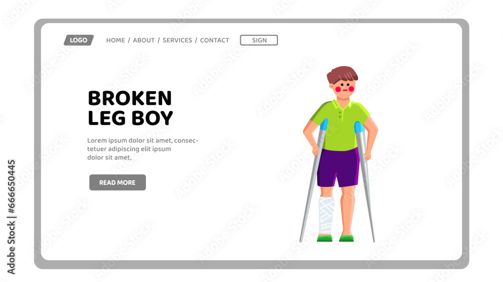 fracture broken leg boy vector. health gypsum, injured kid, hand medical fracture broken leg boy web flat cartoon illustration