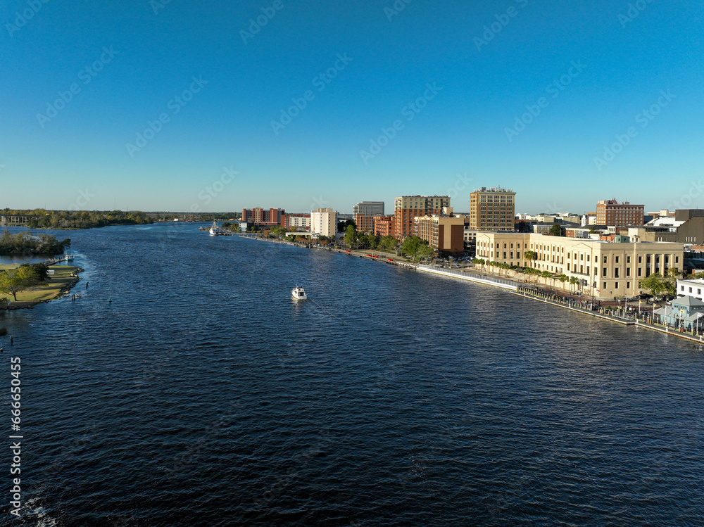 Aerial view of Downtown Wilmington North Carolina and the Cape Fear River.