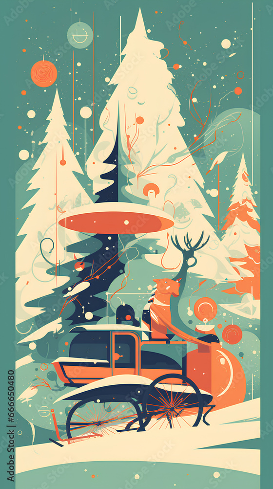 Abstract Christmas illustration with winter forest. Teal and orange colors, flat retro style