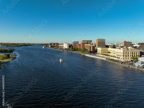 Aerial view of Downtown Wilmington North Carolina and the Cape Fear River. © Red Lemon
