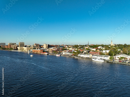 Aerial view of Downtown Wilmington North Carolina and the Cape Fear River. © Red Lemon