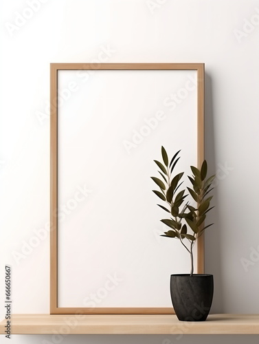 Fresh Minimalism  White Background with Green Plants and Blank Picture Frame Design Template