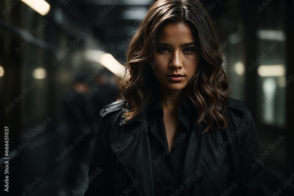 Obraz premium Close-up portrait of a beautiful brunette spy woman in a dark street
