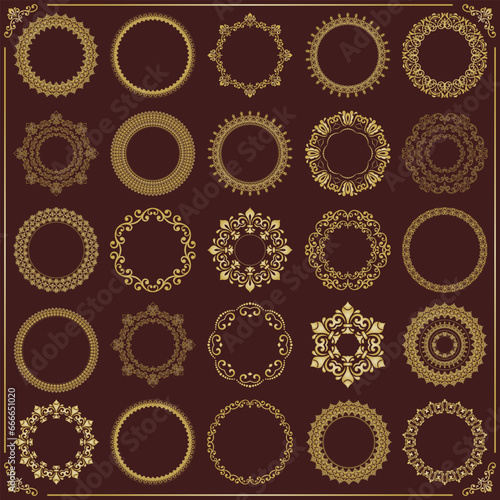 Vintage set of vector round elements. Different elements for design frames, cards, menus, backgrounds and monograms. Classic brown and golden patterns. Set of vintage patterns