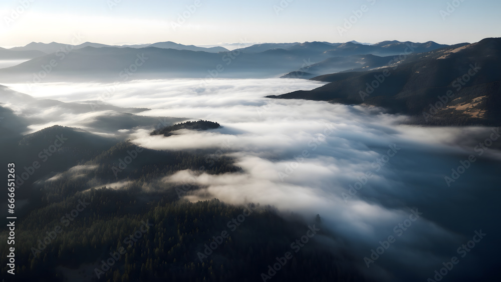 An aerial of the mountainside with morning fog covering lake