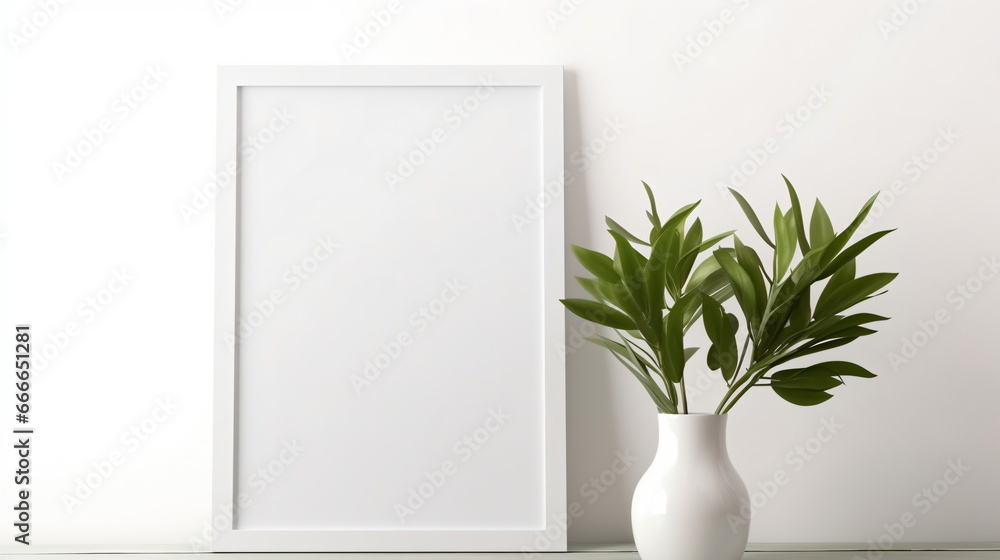 Fresh Minimalism: White Background with Green Plants and Blank Picture Frame Design Template Fresh Minimalism: White Background with Green Plants and Blank Picture Frame Design Template