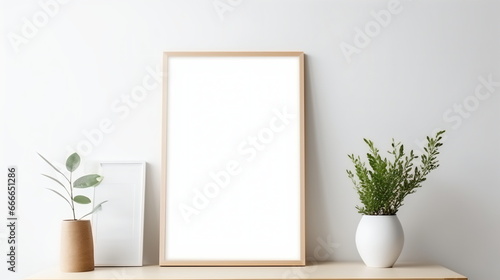 Fresh Minimalism: White Background with Green Plants and Blank Picture Frame Design Template © duyina1990