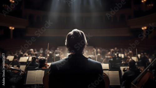 Back View of Professional Conductor Directing Symphony Orchestra