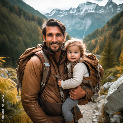 Father carrying his baby in a baby carrier while hiking.