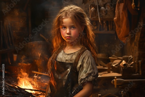 Determined Blacksmith girl forge. Worker industry. Generate Ai