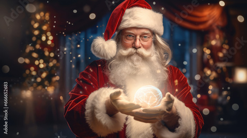 Santa Claus performing a magic trick,  making presents appear out of thin air photo