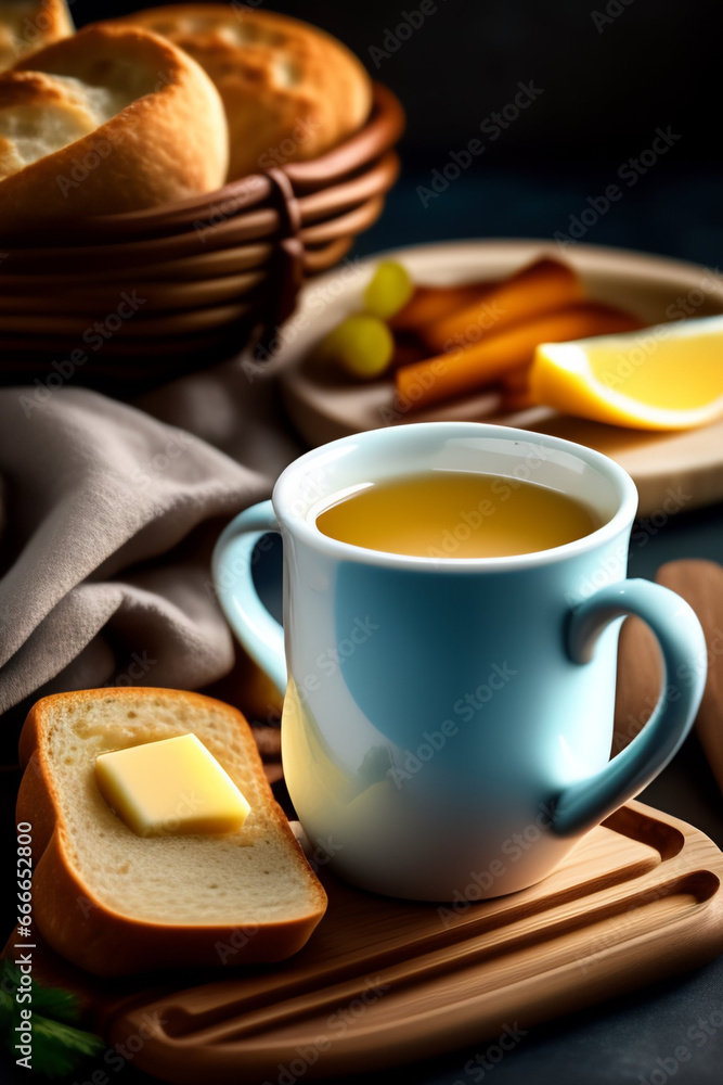 close up of tea mug of a morning breakfast with bread and butter close up of tea mug of a morning breakfast with bread and butter