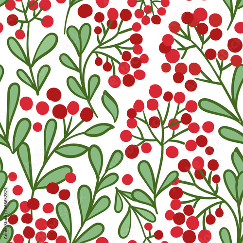 All over seamless Christmas vector botanical repeat pattern with green branches and red berries tossed on white. Elegant Christmas berry botanical background.