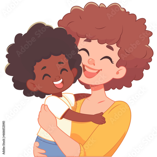 Single mother, her biracial child, both happy, vector illustration, Happy single mom and biracial kid, stock vector image. White mom and black child vector.