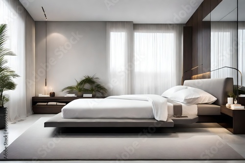 bedroom in hotel  A minimal contemporary style bedroom  with clean lines  neutral colors  and a sense of simplicity